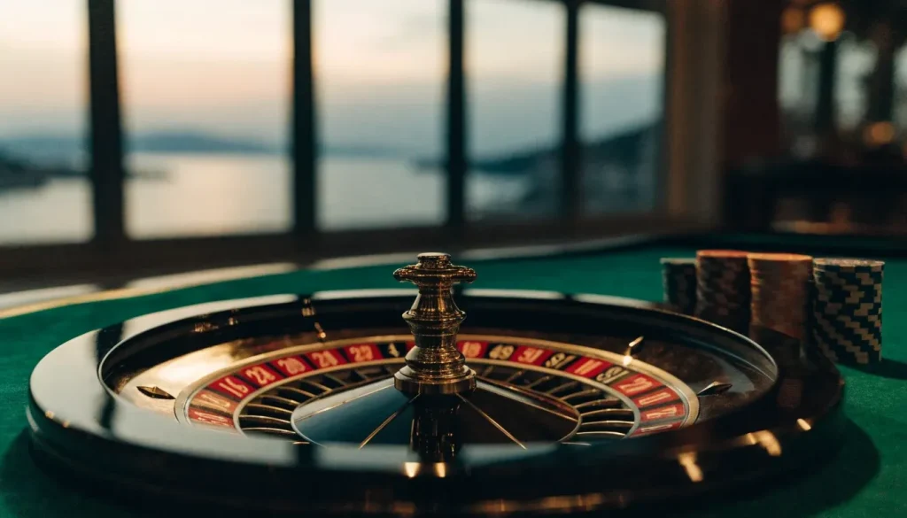 Vrhunski stol za rulet u elegantnom casinu s hrpom žetona
