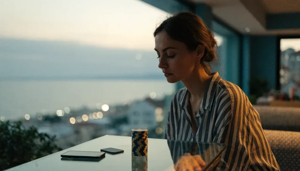 Hrvatska igračica uz smartphone i čipove uz pogled na Jadransko more