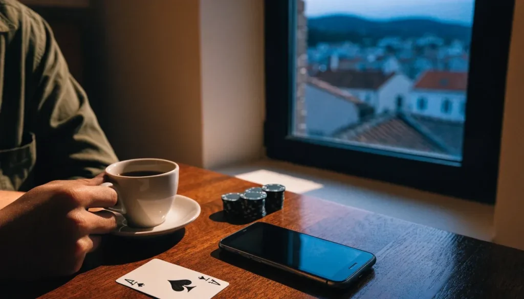 Pametni telefon na stolu s karticama i žetonima uz pogled na hrvatski grad