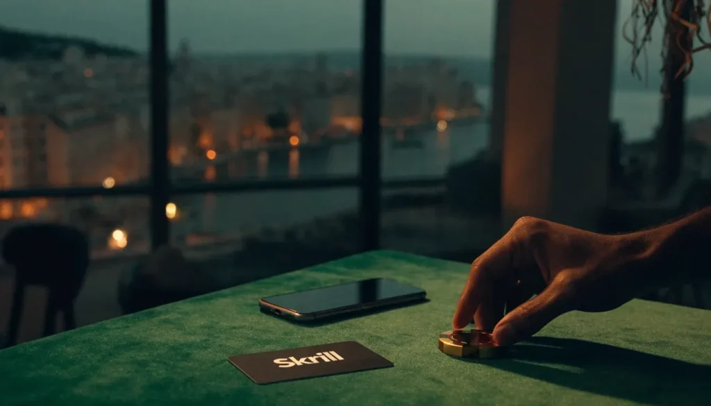 Ruka s kockicom i Skrill karticom uz smartphone na stolu u hrvatskom casinu