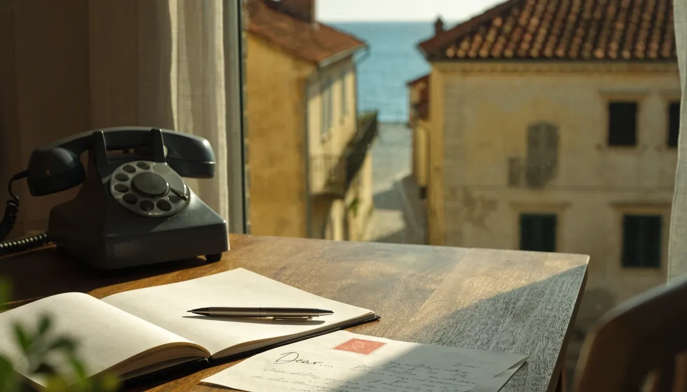 Radni stol s bilježnicom, telefonom i pismom uz pogled na hrvatski grad