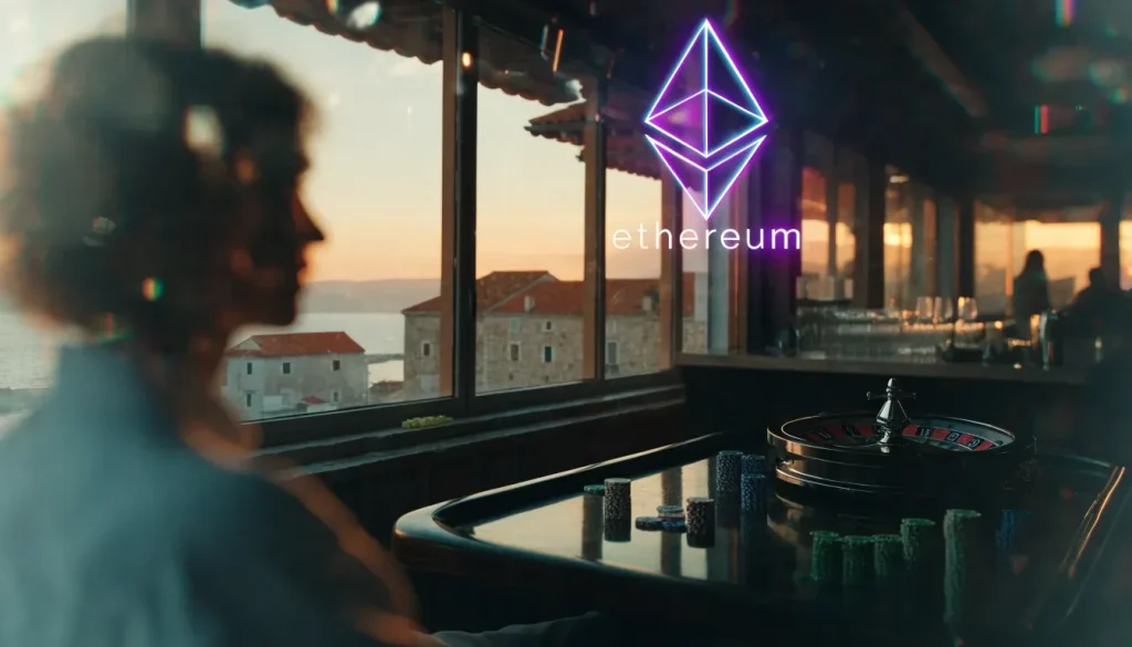 Neon Ethereum simbol iznad stola za kockanje s hrpom žetona i rouletteom, u pozadini dalmatinski gradić