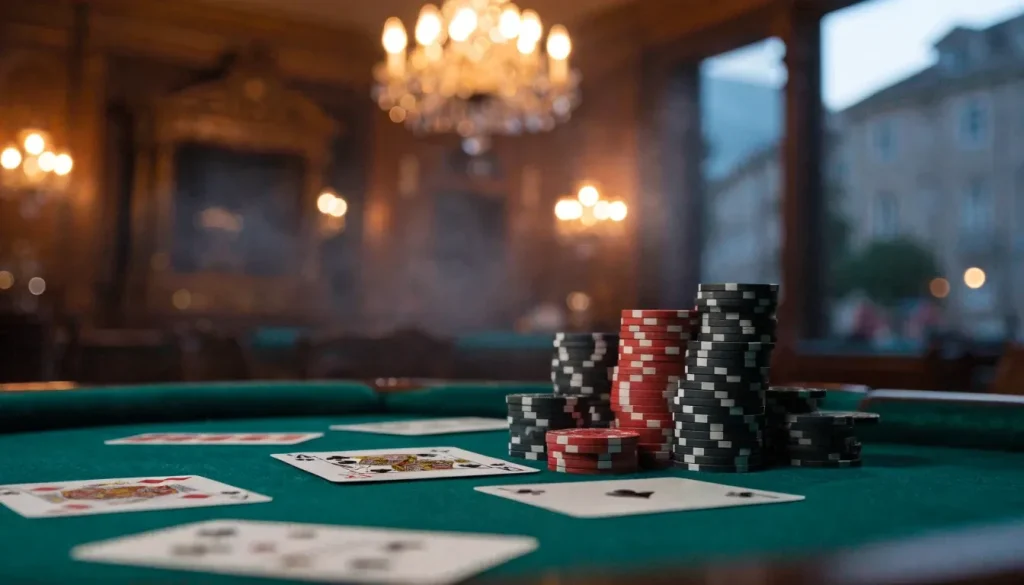 Klasični blackjack stol s žetonima i kartama u elegantnom kasinu