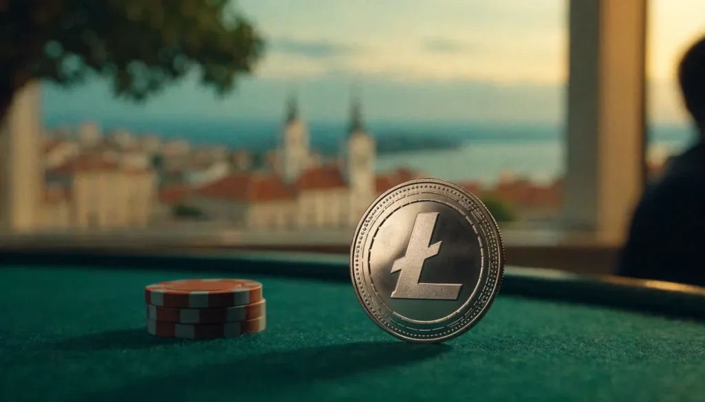 Litecoin novčić na zelenom stolu za kockanje s pogledom na hrvatski primorski grad