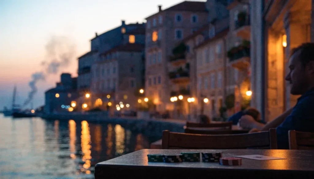 Hrvatska obala u sumrak s kockicama na stolu kafića