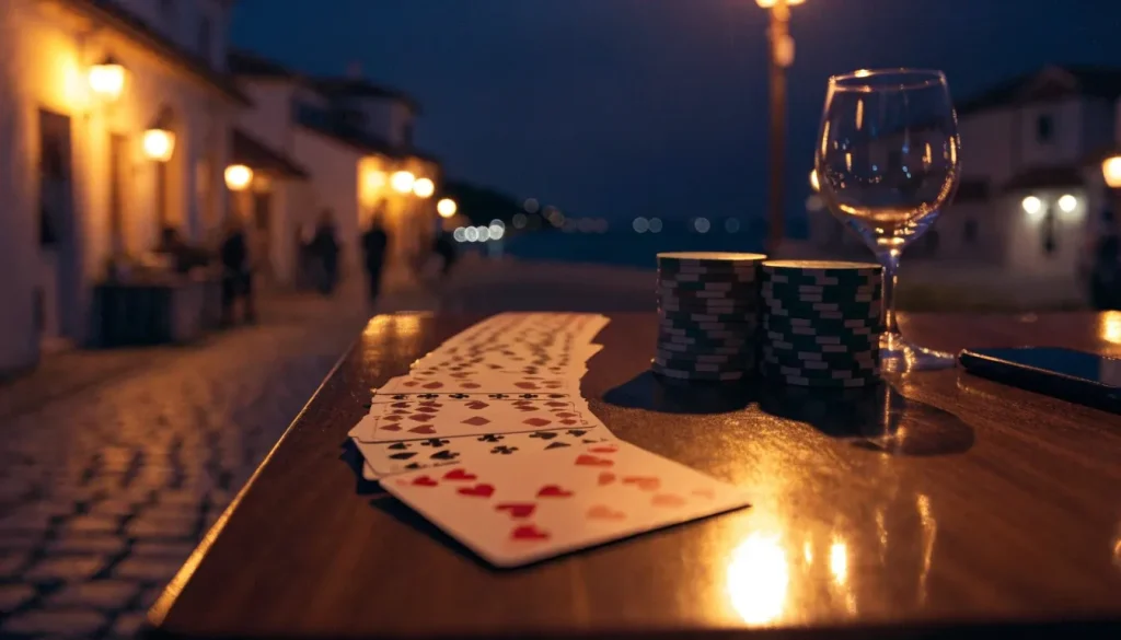 Crne ploče i žetoni za blackjack na drvenom stolu