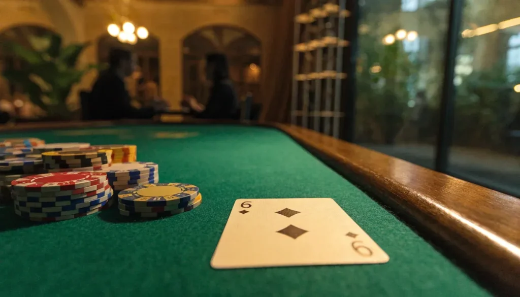 Stol za blackjack s hrpom žetona i kartom u hrvatskom casinu