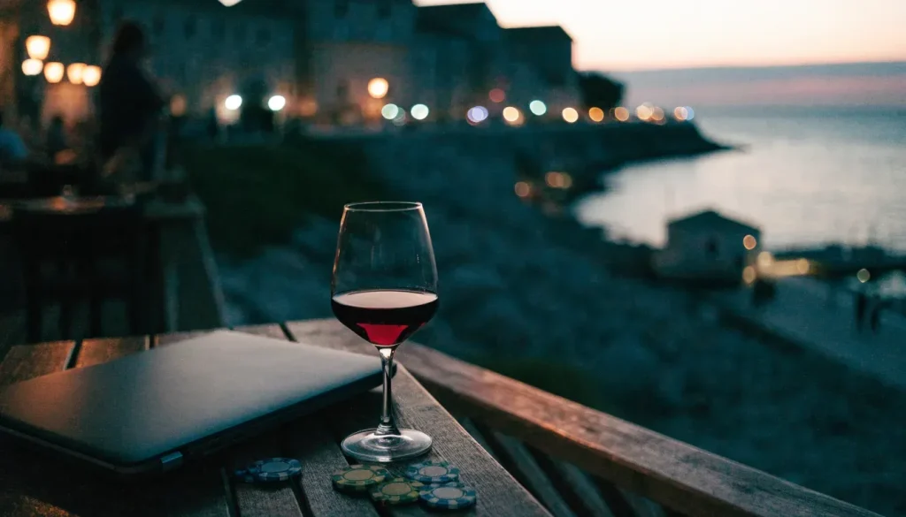 Večernja terasa uz more u Dalmaciji s čipovima i čašom vina