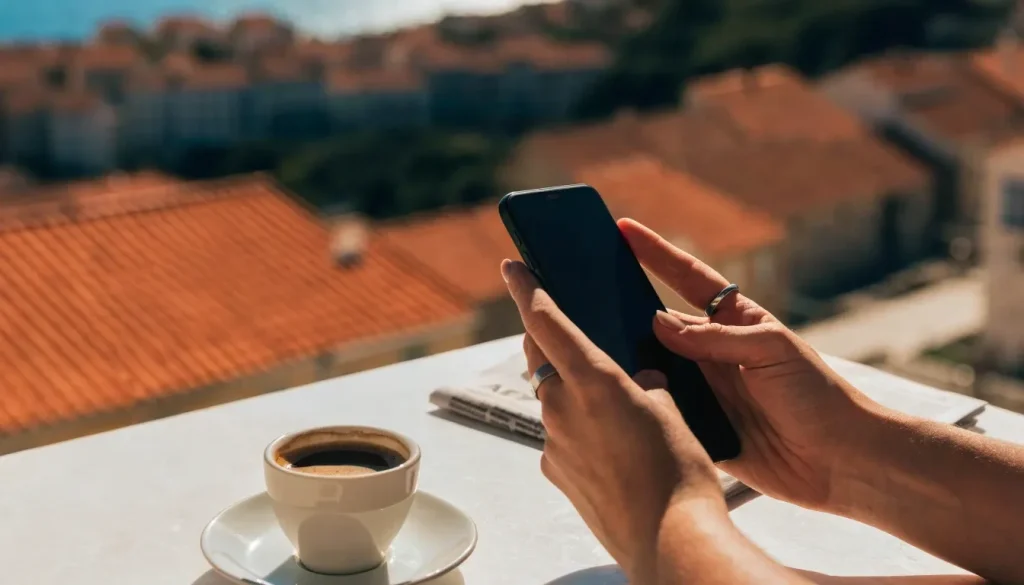 Ruke drže pametni telefon na terasi s pogledom na Jadransko more