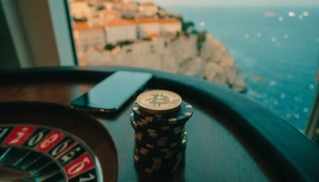 Pametni telefon i žetoni na stolu uz simbol USDT u hrvatskom casinu