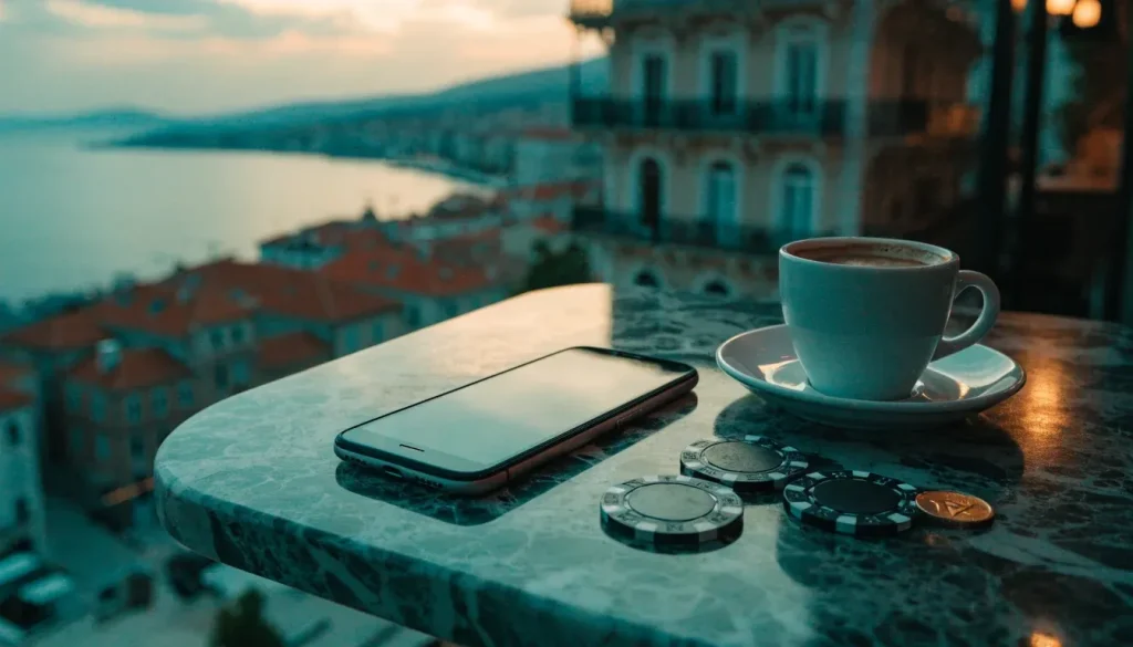 TRX kriptovaluta i casino žetoni na stolu uz smartphone u hrvatskom primorskom gradu